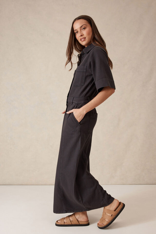 Short Sleeve Denim Maxi Shirt Dress, WASHED BLACK TWILL