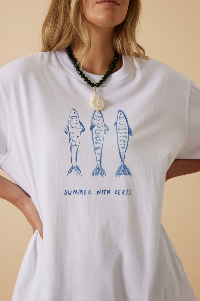 Liv Oversized Tee, WHITE/SUMMER FISH