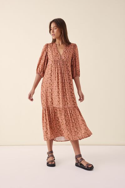 Yoke Tiered Dress In Lenzing™ Viscose, CLAY MODERN GEO
