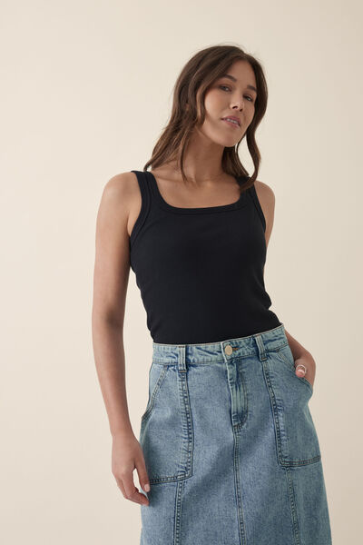 Organic Contour Rib Square Neck Tank, BLACK