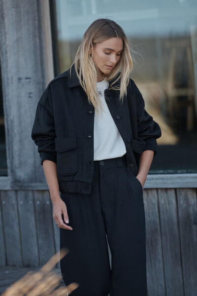 Relaxed Collared Bomber Jacket, BLACK WOOL BLEND