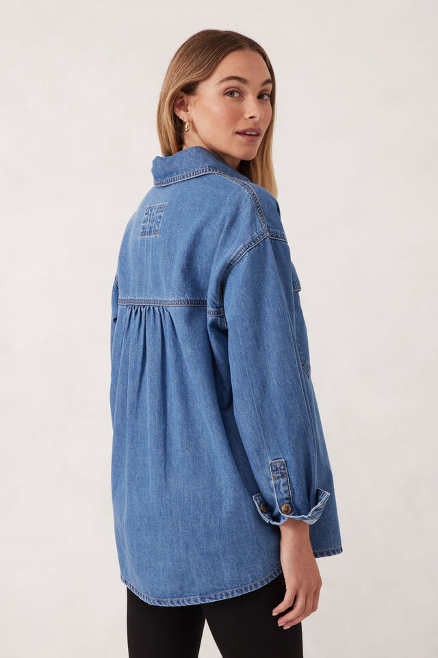 Essential Denim Shirt, MID BLUE WASH