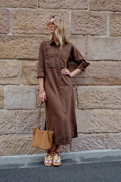 Rae Long Sleeve Midi Dress, CHOCOLATE