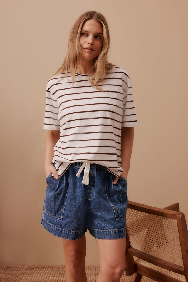 Stevie Slouchy Tee, VANILLA/CHOC FINE STRIPE