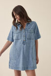 Short Sleeve Mini Shirt Dress, MID BLUE DENIM - alternate image 1
