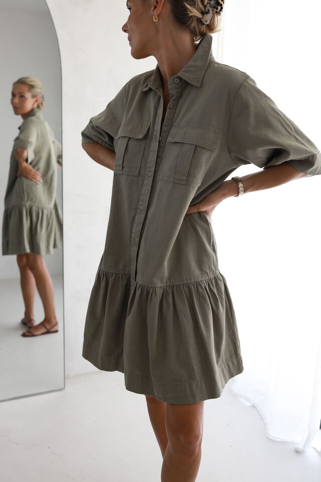 Twill Dress With Tier In Rescue Cotton, FOG GREEN