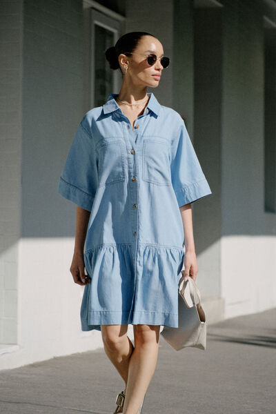Short Sleeve Tiered Pocket Shirt Dress, VINTAGE BLUE PINSTRIPE