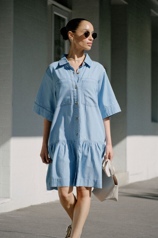 Short Sleeve Tiered Pocket Shirt Dress, VINTAGE BLUE PINSTRIPE