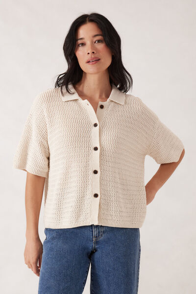 Boxy Button Through Knit, ECRU