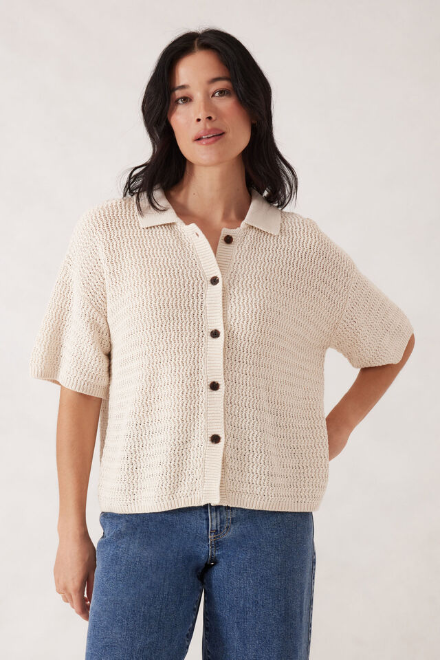 Boxy Button Through Knit, ECRU