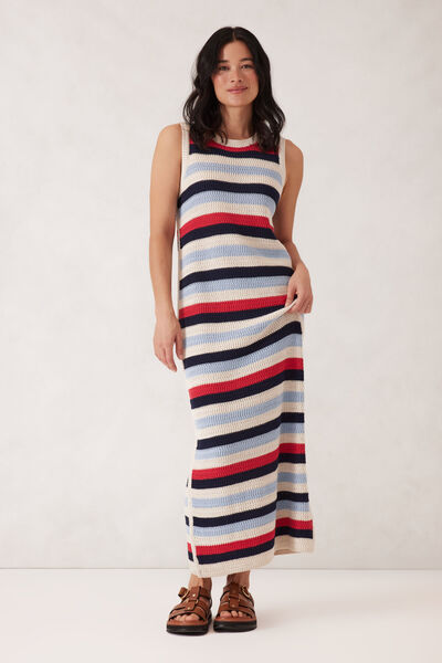 Textured Multi Stripe Knit Midi Dress, HERITAGE RED STRIPE