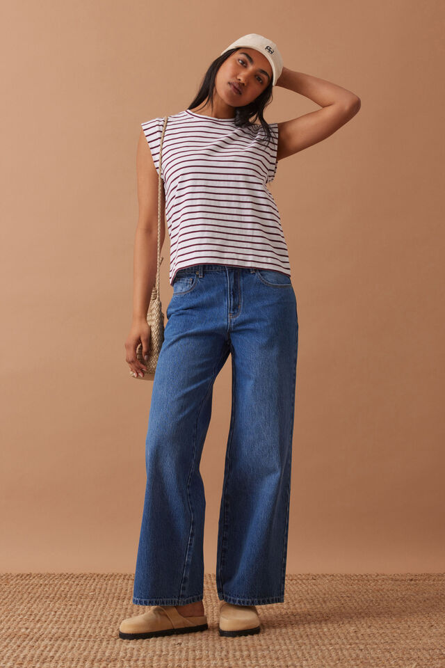 Extended Shoulder Tee, WHITE/POMEGRANATE STRIPE