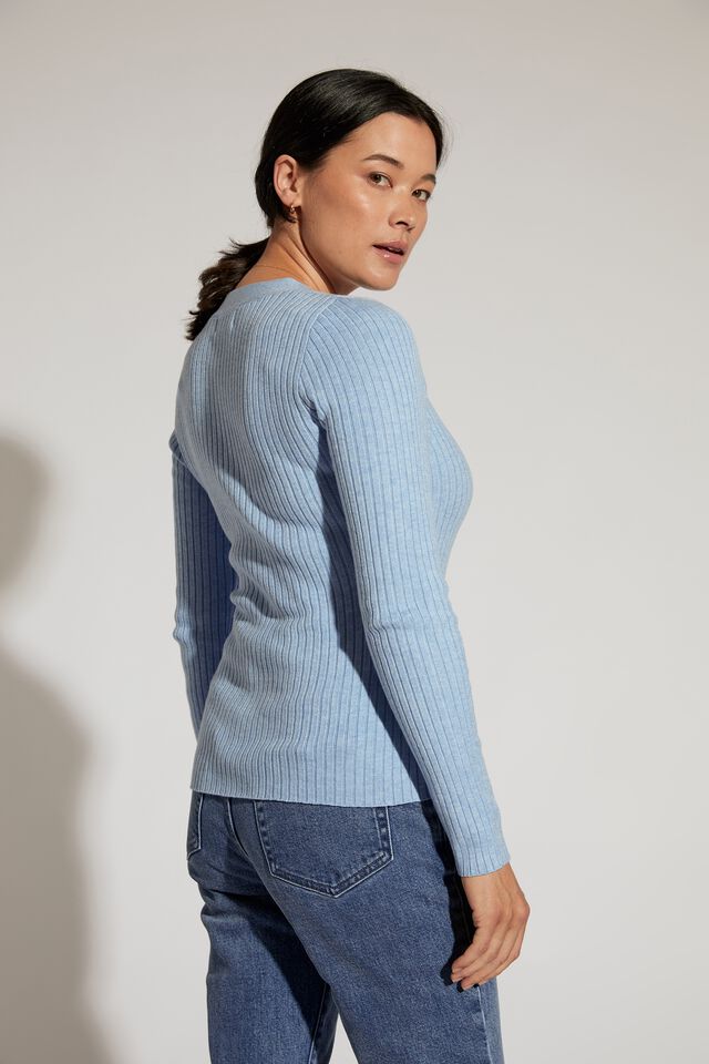 Soft Knit Henley In Recycled Blend Yarn, BLUE SHADOW MARLE