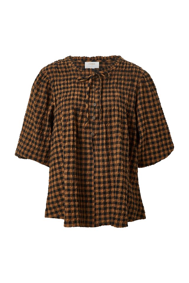 Shirred Tie Tunic, NUTMEG/BLACK CHECK