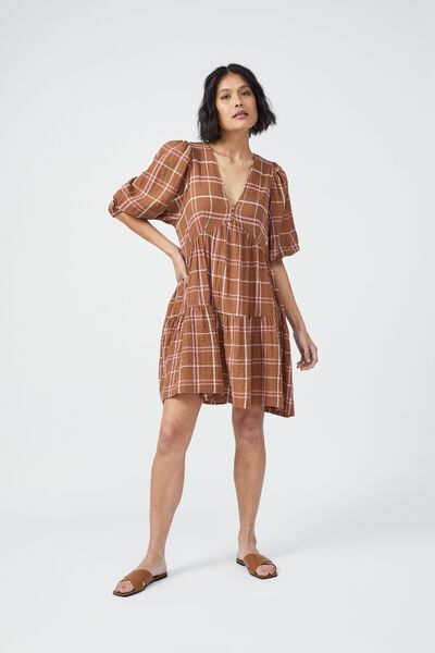 Check Smock Dress In Textured Organic Cotton, GINGER SUMMER PINK CHECK