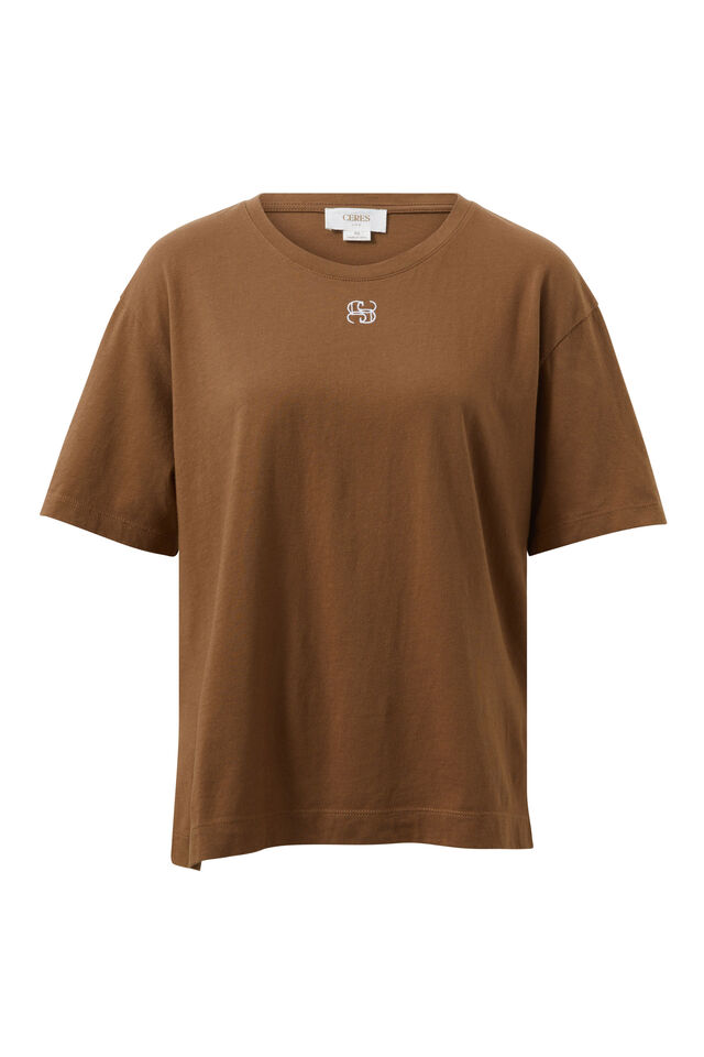Stevie Slouchy Split Hem Tee, MILK CHOC/MONOGRAM