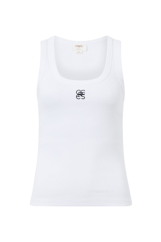 Zoe Contour Rib Scoop Tank, WHITE/BLACK MONOGRAM EMBROIDERY