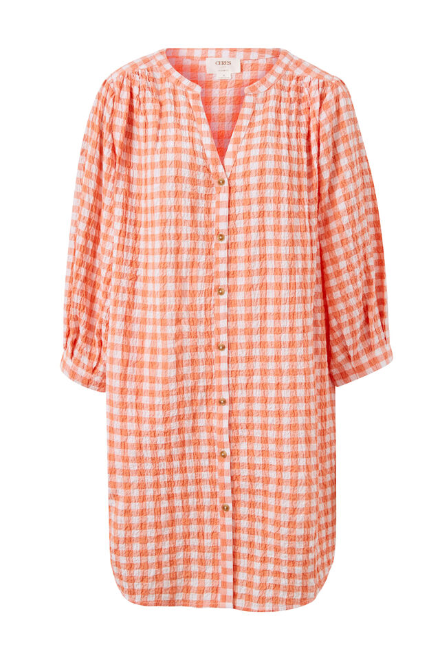 Crinkle Mini Dress, CORAL WHITE GINGHAM