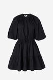 Puff Sleeve Tie Waist Dress In Organic Poplin, BLACK - alternate image 2