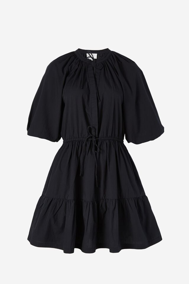 Puff Sleeve Tie Waist Dress In Organic Poplin, BLACK