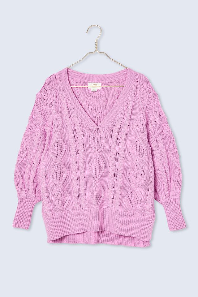 Deep V Cable Knit Jumper In Organic Cotton, MUSK