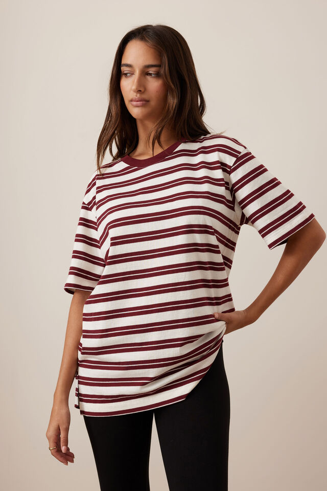 Lola Longline Step Hem Tee, BURGUNDY/MILK STRIPE