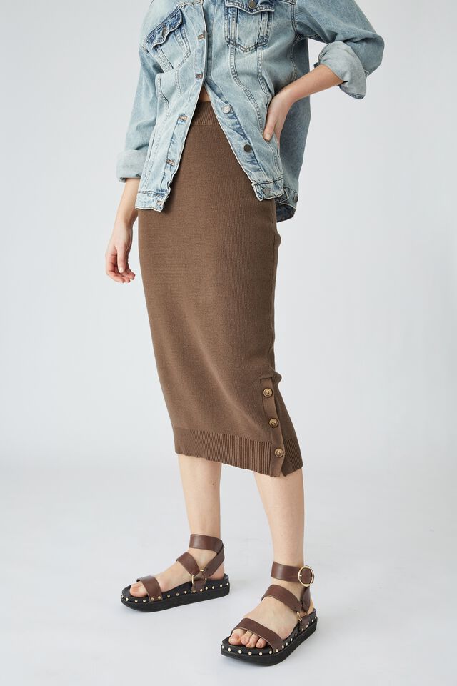 Organic Cotton Knit Midi Skirt, BROWN