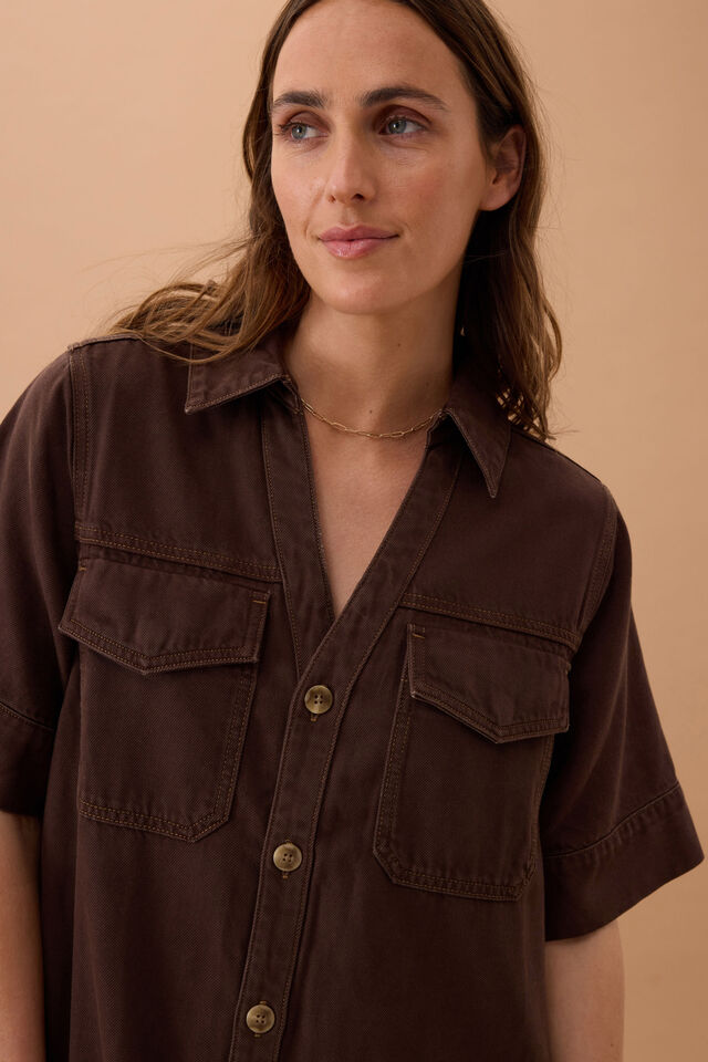 Sammy Relaxed Shirt Dress, CHOCOLATE
