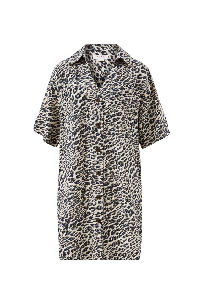 Boxy Shirt Dress, LEOPARD LINEN BLEND