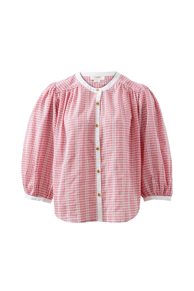 Woven Collarless Top, RED GINGHAM