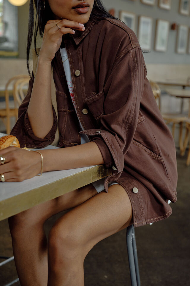 Bobbi Side Pocket Denim Shacket, CHOCOLATE