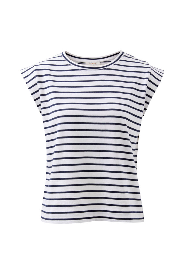 Extended Shoulder Tee, WHITE/FRENCH NAVY STRIPE