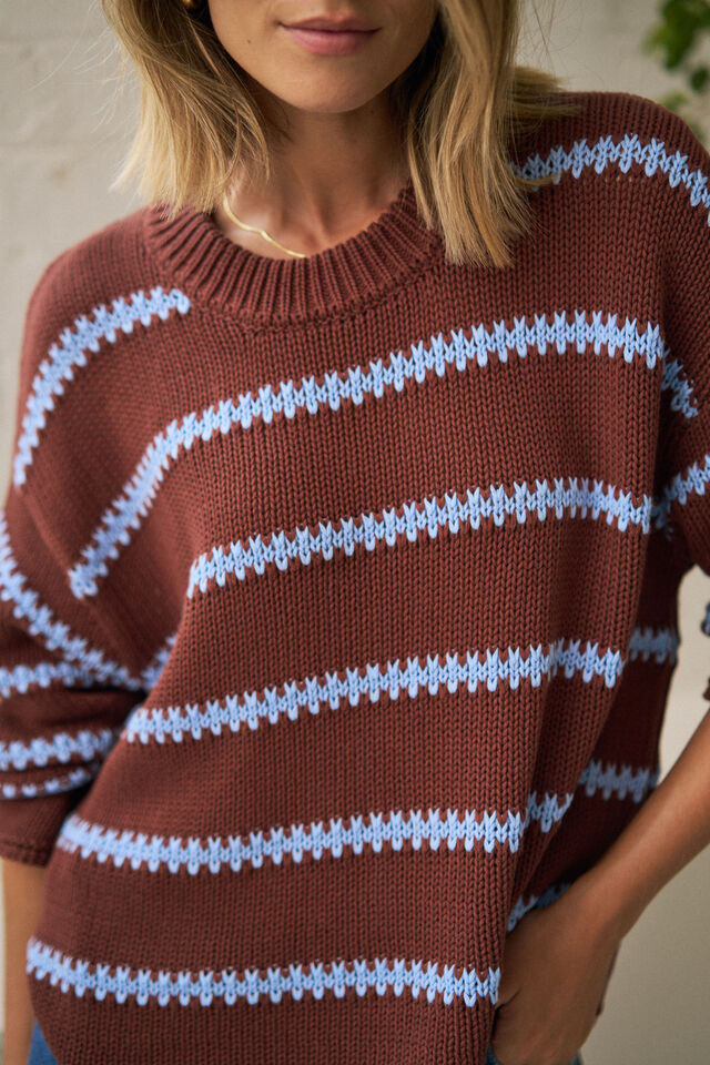 Lila Oversized Knit Crew, BURNT TOFFEE STRIPE