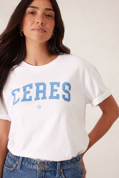 Stevie Slouchy Split Hem Tee, WHITE/CERES VARISTY POOL BLUE