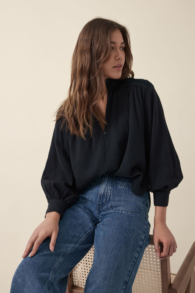Lace Detail Henley Shirt, BLACK