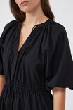 Puff Sleeve Tie Waist Dress In Organic Poplin, BLACK - alternate image 5