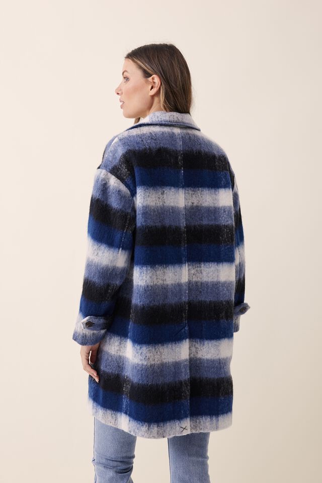Relaxed Mid Length Coat In Wool Blend, OMBRE CHECK WHITE BLUE