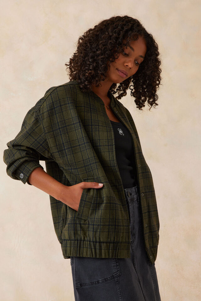 Relaxed Bomber Jacket, OLIVE CHECK
