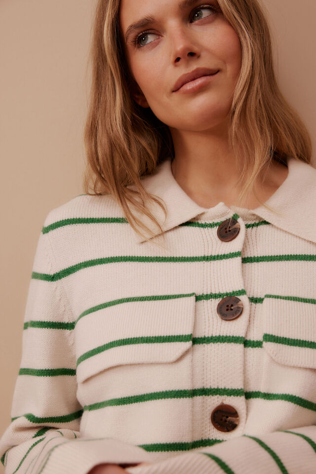 Soft Knit Collared Cardi, ECRU/KELLY GREEN STRIPE