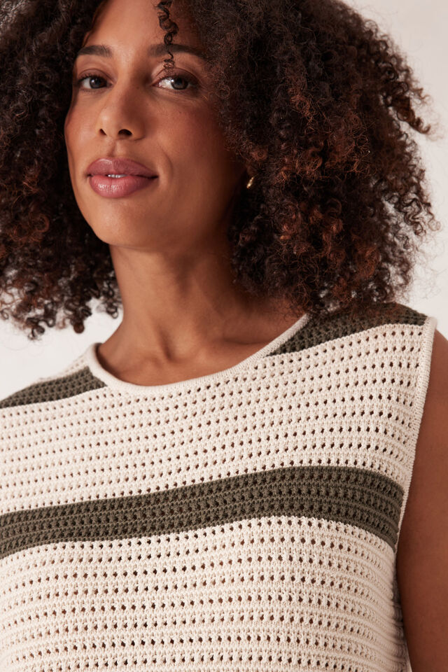 Margot Mesh Knit Tank, ECRU/SOFT OLIVE STRIPE