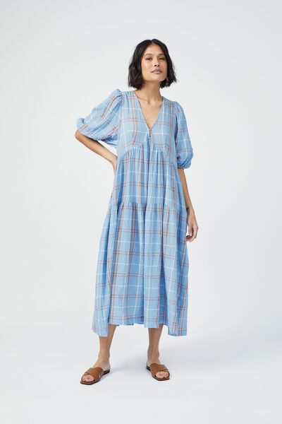 Check Smock Midi Dress In Textured Organic Cotton, CLOUD TUMERIC CHECK