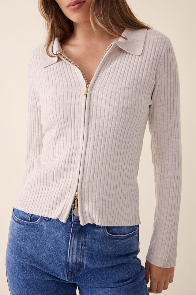 Soft Knit Zip Through Cardigan In Recycled Blend, OATMEAL MARLE