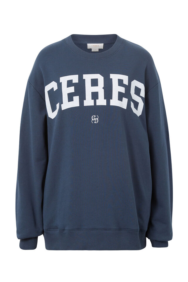Isla Oversized Slouchy Crew, SMOKE BLUE HERITAGE LOGO