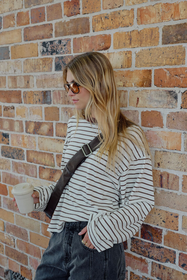 Beau Long Sleeve Slouchy Tee, MILK/BRUNETTE BROWN STRIPE