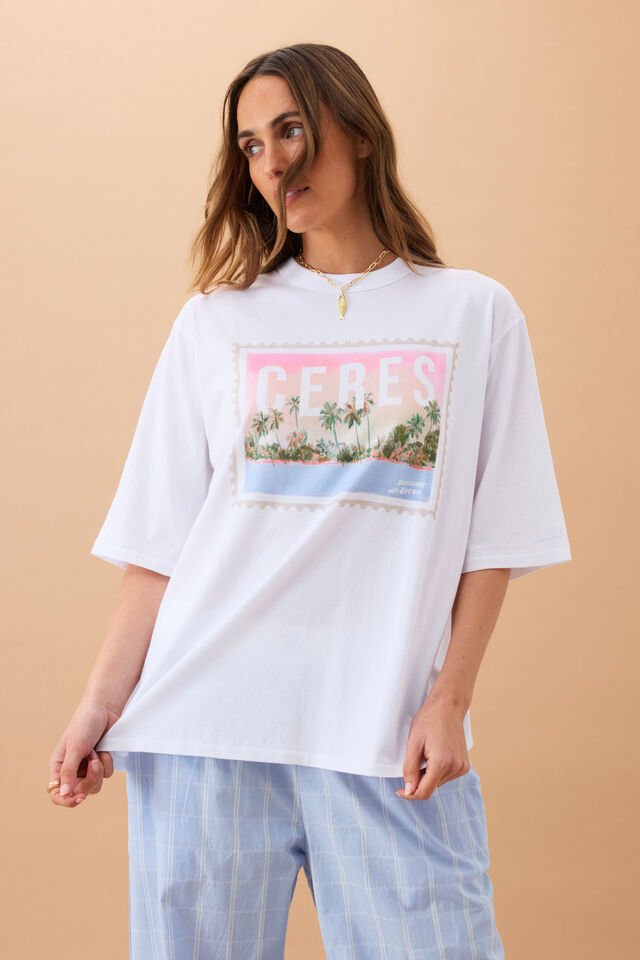Liv Oversized Tee, WHITE/CERES HOLIDAY STAMP
