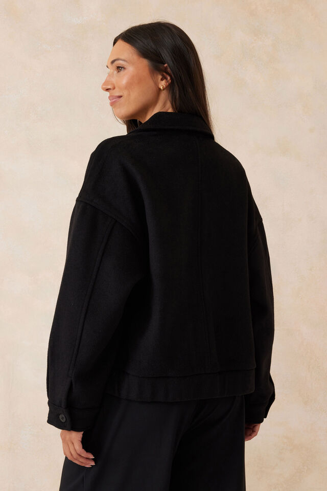 Relaxed Collared Bomber Jacket, BLACK WOOL BLEND