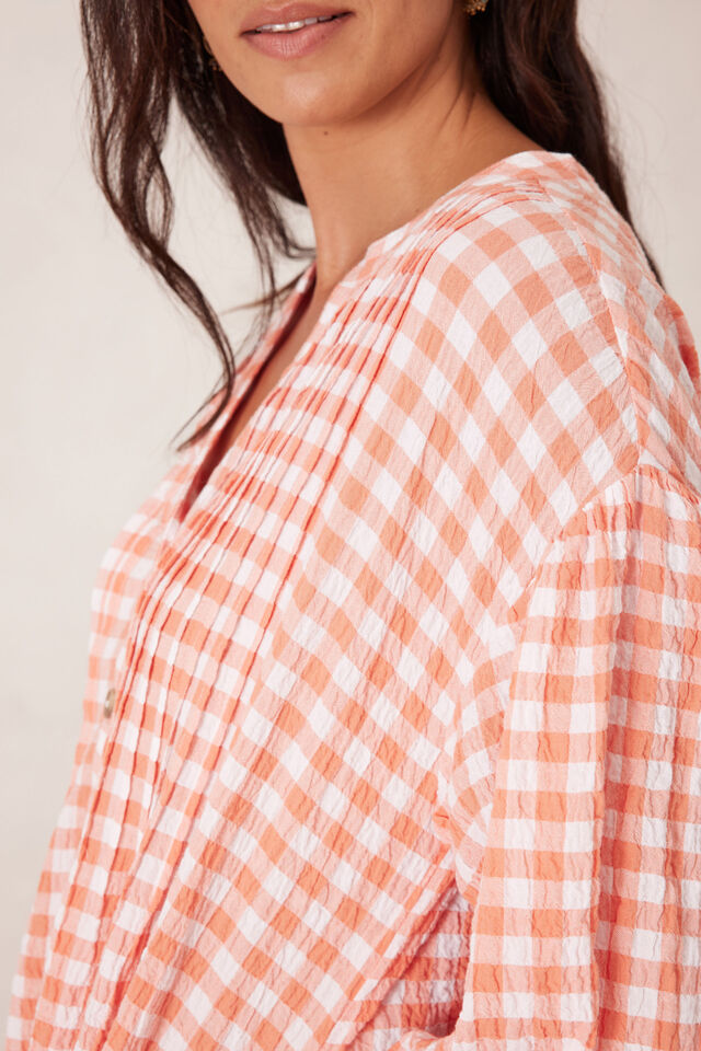 Crinkle Midi Dress, CORAL WHITE GINGHAM