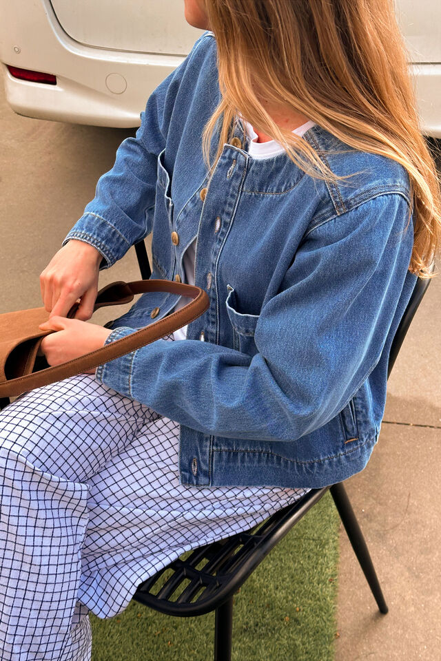 Collarless Denim Jacket, FRESH INDIGO