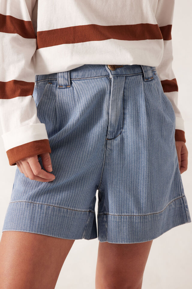 Billie Pleat Front Short, BLUE HERRINGBONE