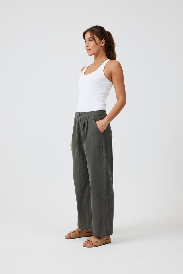 Wide Leg Pleat Front Pant In Cotton Linen Blend, MILITARY GREEN
